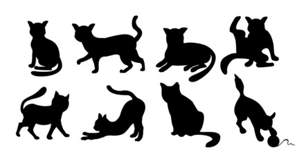 Set of cats Silhouettes on a white background. Elegant cat icons, funny cartoon curiosity black animal collection illustration isolated on white background