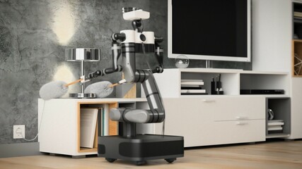 Robot cleaner helps to clean the apartment. Automatic robot. 3d rendering