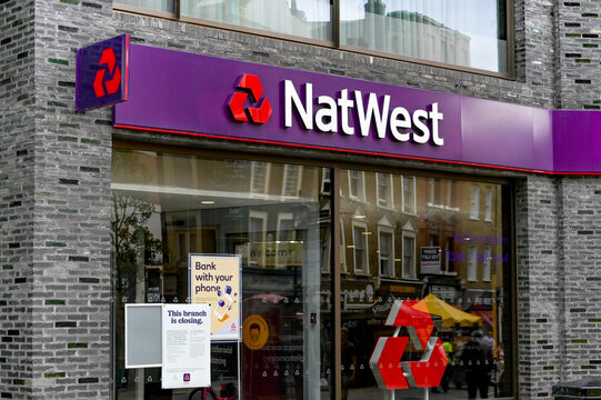 London, England - August 2021: Front exterior view of a branch of Natwest