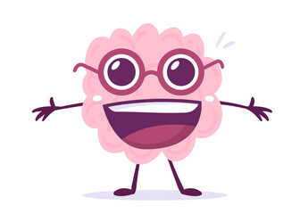 Vector Creative Illustration of Energized Pink Human Brain Character in Glasses with Wide Smile on White Background. Flat Style Knowledge Concept Design of Happy Brain