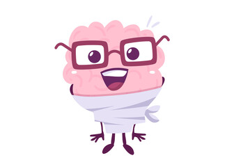 Vector Creative Illustration of Crazy Pink Human Brain Character in Straitjacket on White Background. Flat Style Knowledge Concept Design of Brain in Glasses