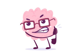 Vector Creative Illustration of Pink Human Brain Character is Angry on White Background. Flat Style Knowledge Concept Design of Brain in Glasses