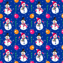 Seamless pattern of winter holidays snowman. Cheerful snowman and Christmas balls. Perfect for wallpaper, wrapping paper, pattern fills, winter greetings, web page background.