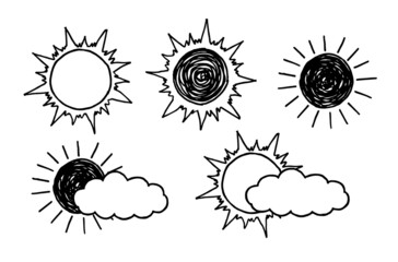 Hot sun with a cloud, illustration, sketch vector on white background. Clouds and sun doodles children s drawings. Weather icons.
