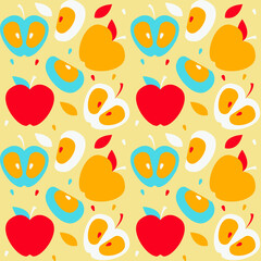 Vector graphics - a seamless pattern with whole ripe apples and slices of trendy bright colors. Concept-wrapping paper and seasonal harvest