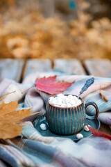 Autumn still life with a cup and marshmallow. Hot coffee or cocoa with marshmallows in a beautiful...