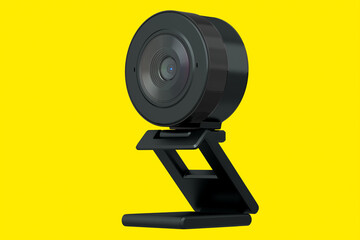 Web camera on stand for online video chat and conference on yellow background