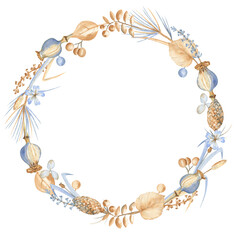 Floral wreath of winter and autumn herbs, berries, pinecones, poppy bulbs, dried leaves and flowers. Watercolor hand drawn illustration on white isolated background. Vintage, farmhouse styles. 