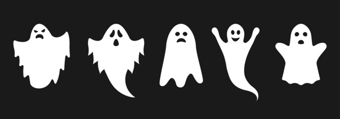 Ghost icon set with cute cartoon spooky, scary, happy and funny faces. Halloween symbol. Vector illustration. - Powered by Adobe