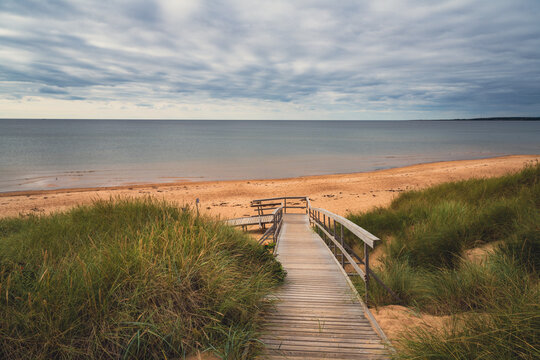 Wooden pathway leading to the famous Tylosand beach on the Swedish west coast. High resolution photo.