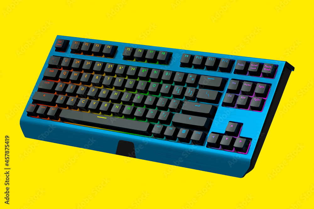 Poster blue computer keyboard with rgb colors isolated on yellow background.