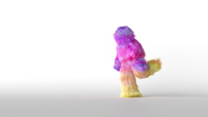 3d happy colorful cartoon character monster jumping and dancing. Furry toy is having fun. Funny dance moves