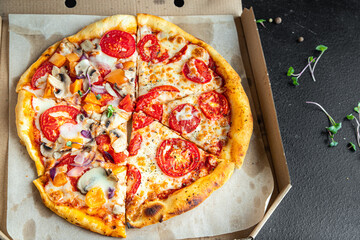 pizza mix different types of pizza in box fresh fast food ready to eat meal snack on the table copy space food background rustic 