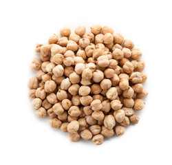 top view dried garbanzo bean or chickpea isolated on white background with clipping path. cutout, chick, pea, legume, flat lay                                                                   
