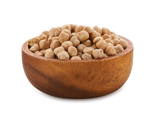 dried garbanzo bean or chickpea in wood bowl isolated on white background with clipping path. cutout, chick, pea, legume                                          