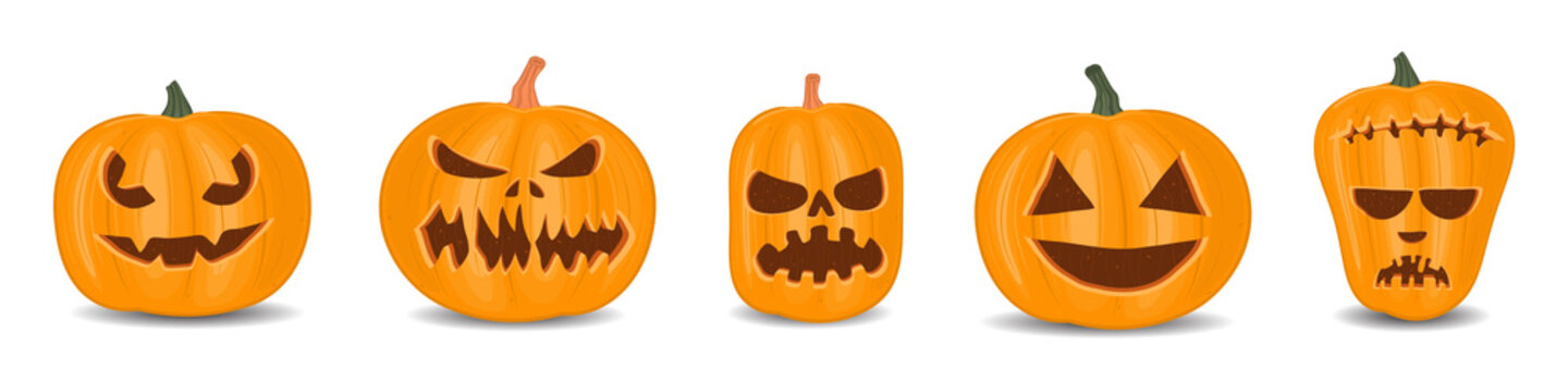 Halloween pumpkin set on a white background, orange pumpkin with different shapes and faces. Vector illustration.