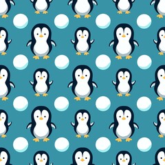 Seamless pattern of a penguin with snowball background elements.