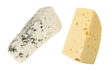 Maasdam cheese and blue cheese on an isolated white background. Hole cheese and blue cheese
