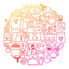Coffee Line Icon Circle Design. Vector Illustration of Outline Poster.