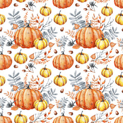 Autumn bouquet of pumpkins, sunflower, berries, fallen leaves. Seamless pattern with flower arrangement, watercolor illustration on a white background. Halloween holiday design, Thanksgiving, harvest