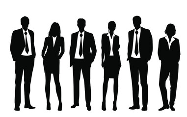 Vector silhouettes of  men and a women, a group of standing  business people, profile, black  color isolated on white background