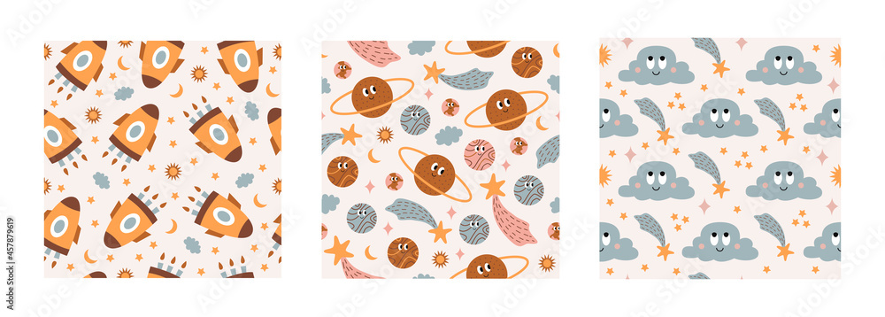 Poster modern colorful set seamless pattern with space elements on pastel background. cute vector cartoon i