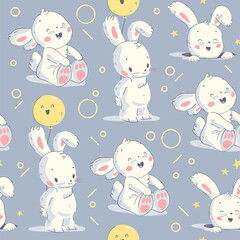 Seamless pattern with cute funny little white bunny sit and stand with balloon isolated. Vector flat hand drawn doodle illustration for nursery prints, baby cards, fabric etc.