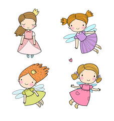 Cute cartoon fairies and princesses. Fairy elves. Children s illustrations. Vector
