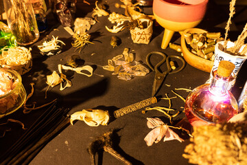 Occult and esoteric witch doctor still life. Selective focus. Halloween background with magic objects. Black candles skull, crystal stones, and potions vials on witch table. Mystic witchery with weeds