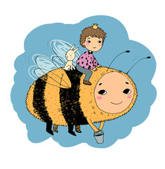 Little boy prince flying on a bee