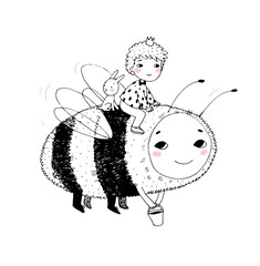 Little boy prince flying on a bee - 457880432