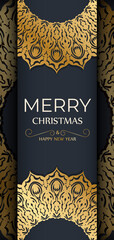 Happy New Year greeting card template in dark blue color with luxury gold pattern