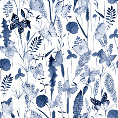 Seamless botanical summer pattern with indigo blue watercolor butterflies and meadow wild flowers, herbs, grasses - obrazy, fototapety, plakaty
