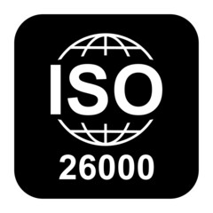 Iso 26000 icon. Social Responsibility. Standard quality symbol. Vector button sign isolated on black background