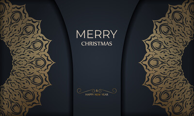 Merry Christmas and Happy New Year greeting brochure template in dark blue color with vintage gold pattern