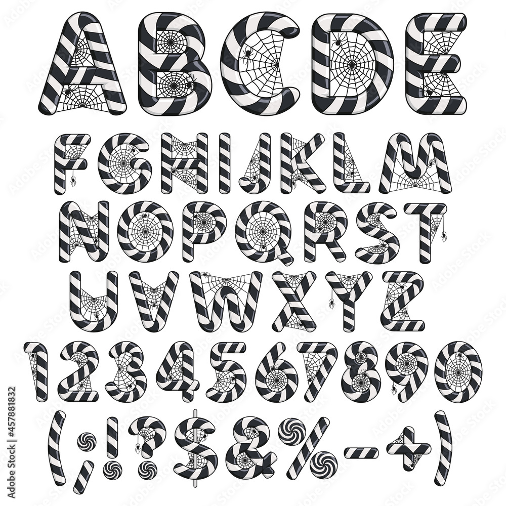 Poster halloween alphabet, letters, numbers and signs from candies with cobwebs and spiders. isolated vecto