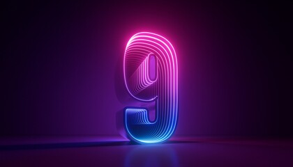 3d render, number nine, digital symbol, pink blue gradient neon light glowing in the dark