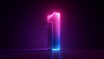 Fototapeta 3d render, number one, the best digital symbol, pink blue gradient neon light glowing in the dark obraz
