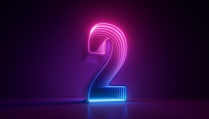 3d render, number two, digital symbol, pink blue gradient neon light glowing in the dark