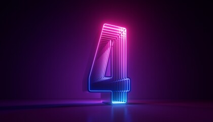 3d render, number four, digital symbol, pink blue gradient neon light glowing in the dark