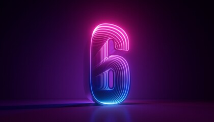 3d render, number six, digital symbol, pink blue gradient neon light glowing in the dark