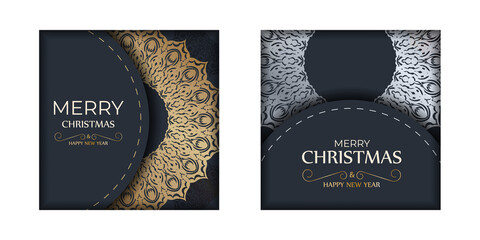 Template greeting card Happy New Year in dark blue color with vintage gold ornament