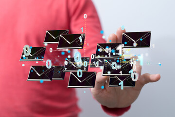touching 3D rendering flying email icon with his fin