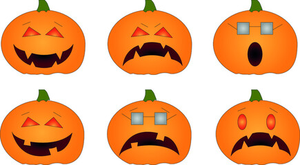 Halloween pumpkin vector 6 icons set, variation of emotions. Simple flat style design elements. Set of silhouette creepy horror pumpkin images.