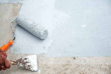 Hand painted gray flooring with paint rollers for waterproof, reinforcing net,Repairing...