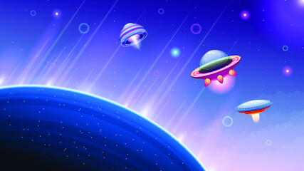 Naklejka na ściany i meble Abstract Aliens On Flying Saucers In Dark Space Constellations Planet Background Gradient Unidentified Flying Object Ufo Stars Vector Design Style