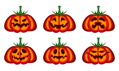 Set of funny halloween pumpkins with different faces. Flat illustration. Vector graphic