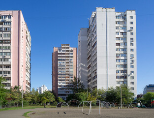 Paneled houses  in the Kiev dormitory area. Houses planning on a mass scale. Architecture 90s
