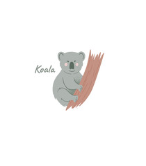 Koala on the tree cheerful child character. Koala bear inhabiting Australia, cartoon chubby character, isolated vector illustration. 