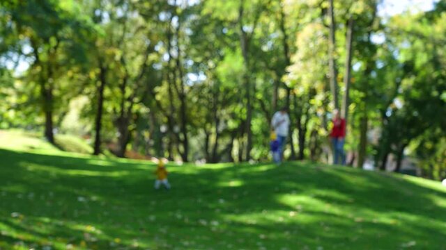Blurry defocused 4k stock video footage of one happy healthy family of parent and children having fn outdoors in green autumn sunny grassy park. Mother, father and two babies walking on green lawn